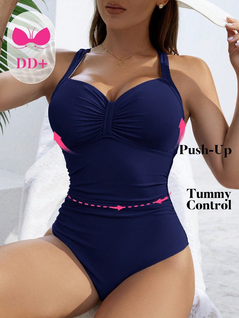 Swim DD+ 1 pieza Traje de baño de una sola pieza con fruncido de unicolor para mujer, estilo de vacaciones