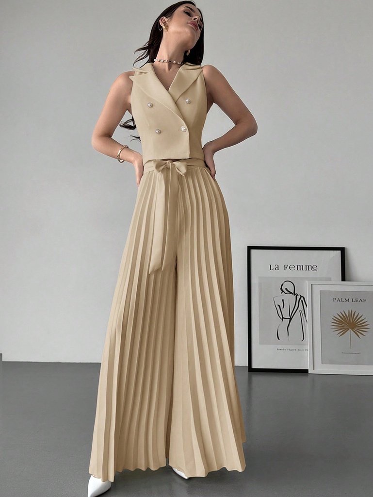 Firerie Set de 2 piezas de top cruzado elegante y pantalones plisados para mujer, color albaricoque, apto para primavera y otoño