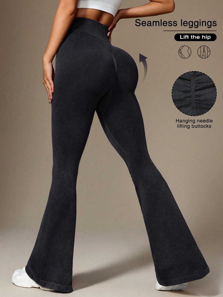 SHEIN Sport Studio Pantalones deportivos negros de pierna acampanada con acabado mate y sin costuras