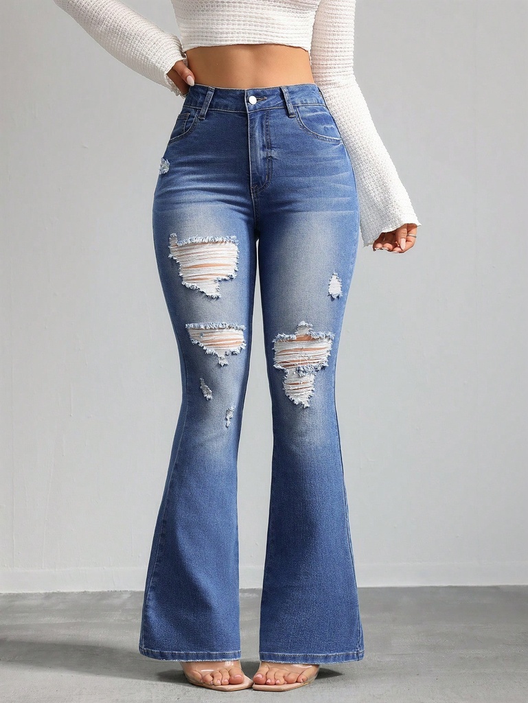 SHEIN Tall Pantalones vaqueros skinny elásticos rasgados acampanados para mujer, pantalones acampanados de cintura alta azules, pantalones vaqueros acampanados, jeggings acampanados, leggings acampanados para mujeres altas