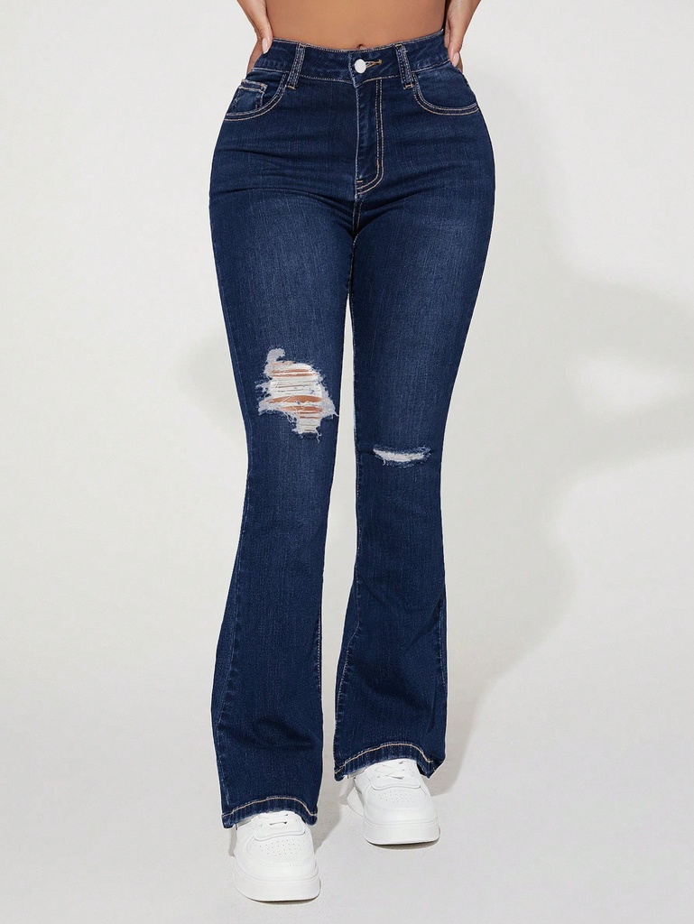 SHEIN PETITE Jeans acampanados casuales para uso diario de mujer con bolsillos rasgados