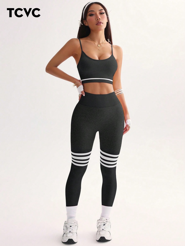 TCVC Conjunto de sujetador deportivo y pantalones para mujer de alta elasticidad,tejido de punto sin costuras, control de cintura alta, efecto levanta glúteos, tela amigable con la piel, con efecto moldeador, versátil para uso casual, capa interior, apto para todo el año, conjunto para fitness y yoga