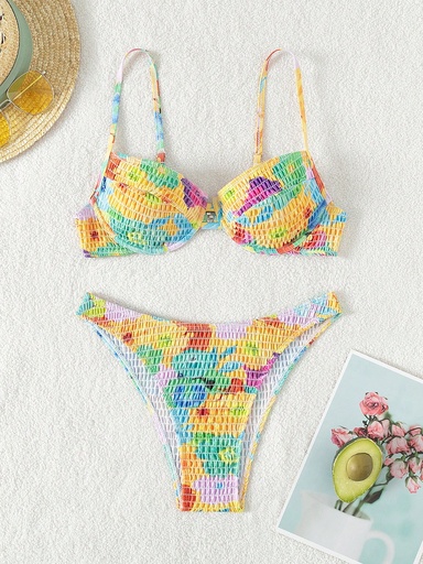 [sz2311045554755556] Traje De Baño De Cuello Halter Con Estampado Floral Y Cubierta De Cintura Con Lazo