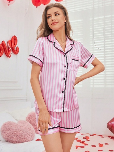 [si2310104845899366] Conjunto De Pijama De Encaje Con Patchwork A Rayas