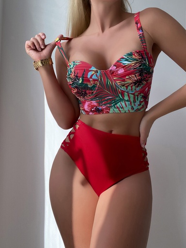 [sw2203019606210101] Bañador bikini push up con estampado tropical con tira cruzada
