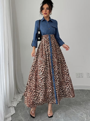 [17603594170077] Vestido elegante de manga larga con estampado de leopardo