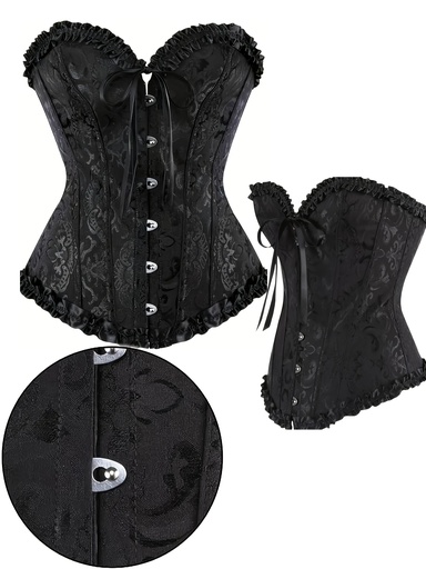 [17598944318196] Blusa corsé elegante negra con detalles de encaje floral