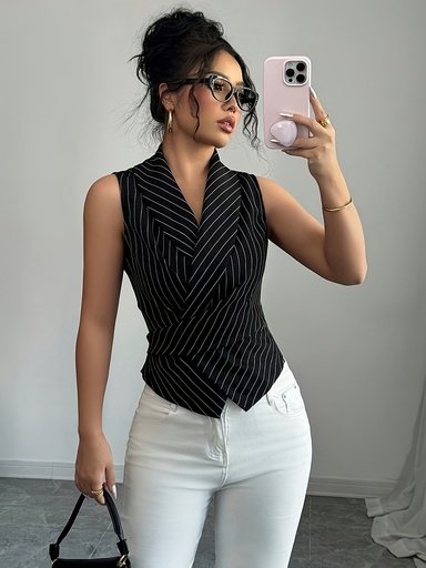 [17598009980725] Blusa elegante, negro y rayas verticales, lazo en la espalda