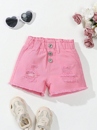 Shorts informales de mezclilla rasgados con agujeros y borde deshilachado para bebé niña en verano