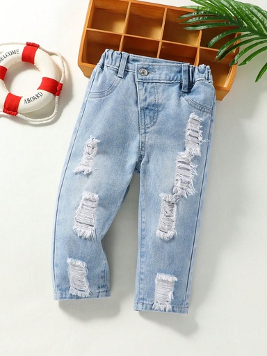 Jeans asimétricos rasgados de estilo casual boho y occidental para bebé niña con cintura elástica diaria