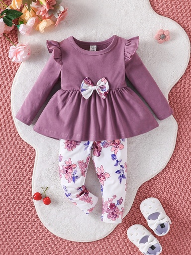 Parte Superior Con Peplum Para Niña Con Borde De Volantes, La Parte Delantera Con Moño Y Pantalones Impresos De Flores