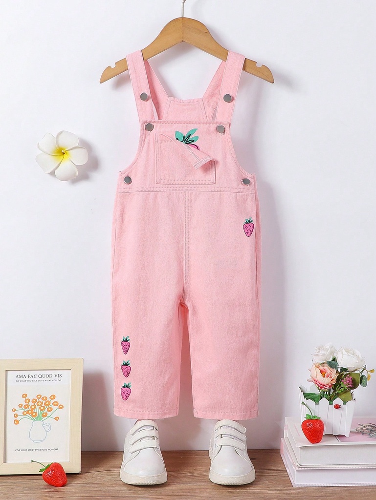 Peto informal de mezclilla con estampado de fresas para bebé niña, primavera/verano