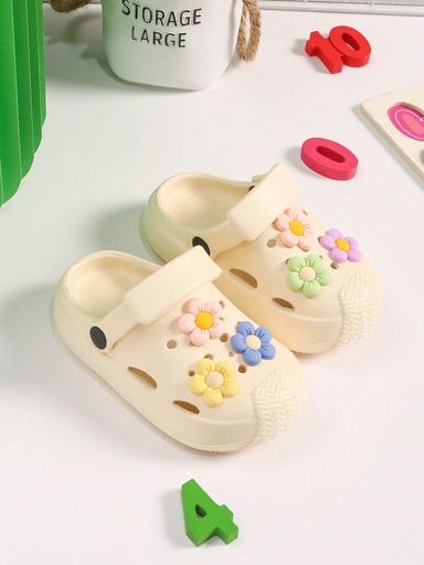 1 par de Sandalias planas antideslizantes con huecos para niñas, lindos zapatos de verano de uso doble adecuados para la playa, chancletas de flores coloridas DIY para niños