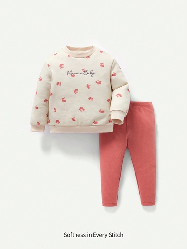 Cozy Cub Bebé niña con estampado de letra y cereza Pullover con Leggings