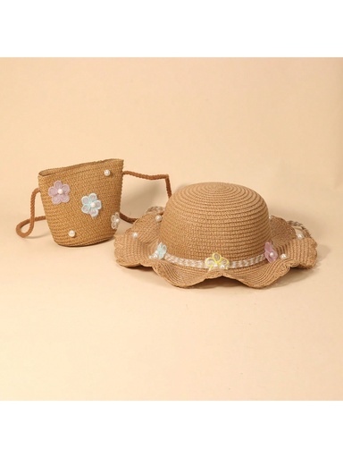 [sk2405182521062000] Conjunto de sombrero de ala ancha y bolso para bebé recién nacido o niña pequeña con decoración de flores, ideal para verano y días en la playa