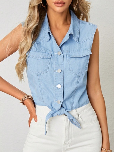 [sz2305318115555483] Top en mezclilla con bolsillo con solapa bajo con nudo