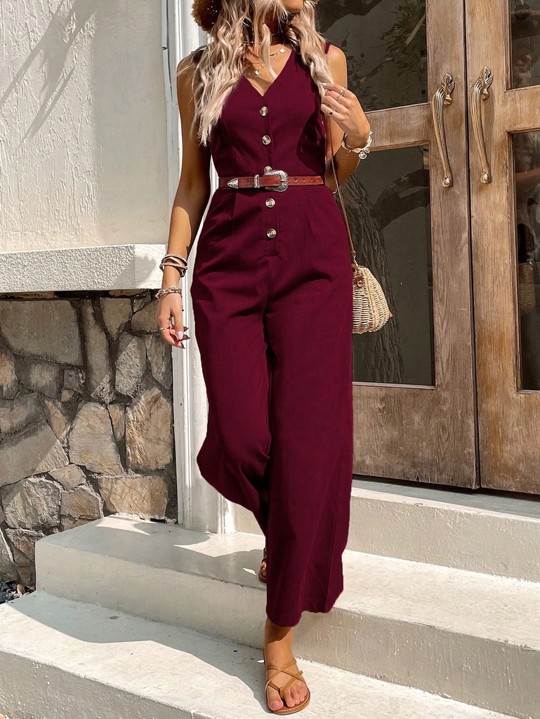 SHEIN VCAY Monos de Mujer Botón delantero Liso Casual
