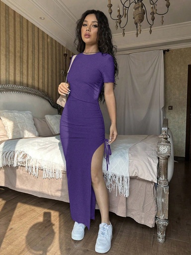 [sz2406114348293929] SHEIN EZwear Vestido largo ajustado de verano con abertura lateral con cordón