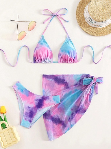 [sw2302234910696951] SHEIN Swim Conjunto de bikini con estampado tie dye, en forma de triángulo con top de cuello halter, incluye falda de playa. Ideal para el verano