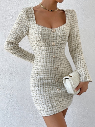 [sw2206281079416947] SHEIN Frenchy Vestido ajustado de cuadros con botón falso escote corazón