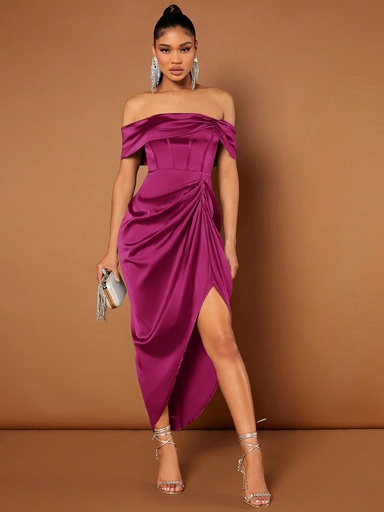 [sw2204014311491111] SHEIN BAE Vestido de hombros descubiertos fruncido bajo asimétrico