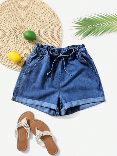 [sz2306126242115266] Shorts en mezclilla de cintura con volante bajo de doblez