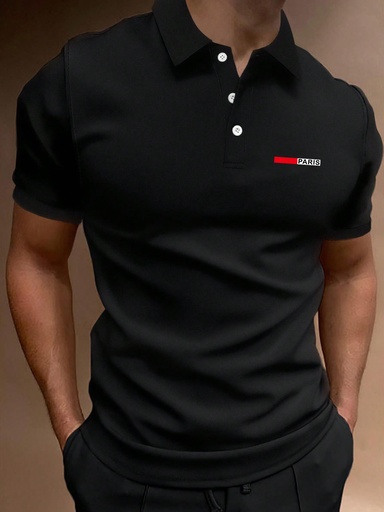 [sm2306053858470913] Manfinity Homme Camisa polo casual negra con botones a cuartos y gráfico de letras para hombre, ideal para su esposo