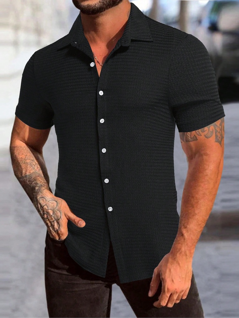 Manfinity Homme Camisa casual de verano de manga corta y color liso para hombres