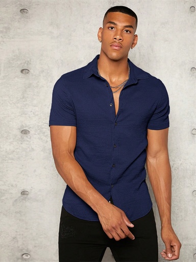 [sm2205057374455940] Manfinity Homme Camisa de verano de tejido informal, de manga corta y de un solo pecho, de unicolor para hombres