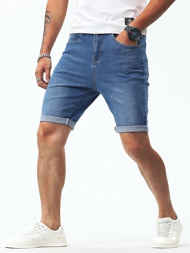 Manfinity Homme Pantalones cortos de mezclilla para hombre con bolsillos estilo jorts, azul claro liso para vacaciones de estilo vintage
