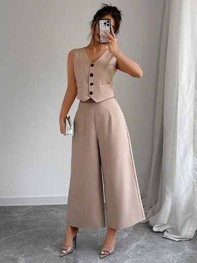 [sz2405061840096680] SHEIN Privé Chaleco y pantalón simples y lisos para mujeres para uso diario