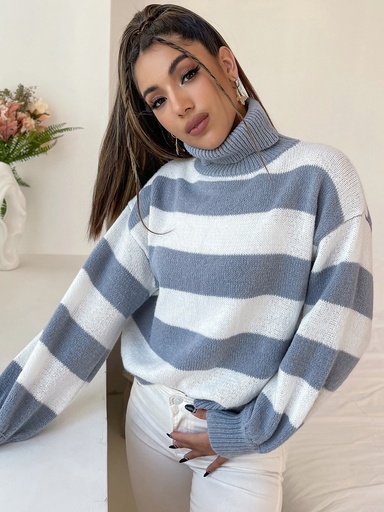 [swsweater23210511890] SHEIN EZwear Suéter A Rayas De Cuello De Tortuga