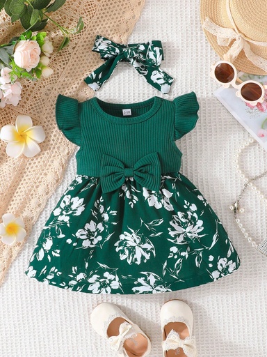 [sa2307183631900369] Bebé niña Vestido con estampado floral ribete con fruncido con lazo delantero con banda cabeza