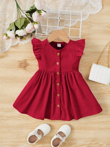 SHEIN Vestido Corto De Manga Corta Y Elegante Para Niña Pequeña Con Cierre De Un Solo Botón