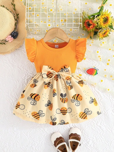[sa2401152759338888] Vestido de verano con mangas de mariposa para bebé niña, diseño encantador con estampado de abejita, lazo y diseño a rayas