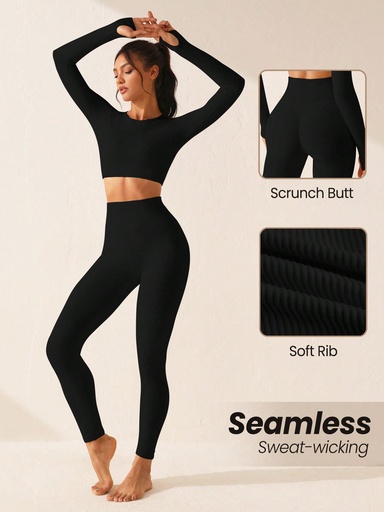 [st2409201129294411] SHEIN Sport Lifespree Conjunto de ropa deportiva sin costuras y de alta elasticidad con top de manga larga de cuello redondo de unicolor y pantalones minimalistas para mujer