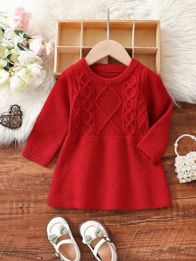 [sa2310231908964049] Vestido Rojo De Suéter Tejido Para Niñas Con Cuello Redondo Para Infante