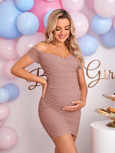 [sz2303274855951519] SHEIN Vestido De Moda Sólido Para Maternidad Con Cuerpo Ajustado Y Hombros Descubiertos