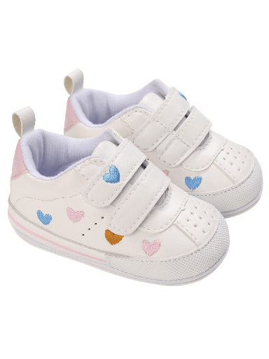 [sa2404109019705194] Zapatos de bebé blancos bordados con un corazón de amor, Zapatos planos para niñas con suela suave de PU contra resbalones para caminantes de primera vez, Zapatillas deportivas para bebés recién nacidos de primavera y otoño para exteriores