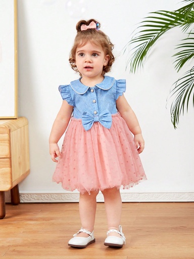 SHEIN Vestido Informal De Aspecto Vaquero Para Niña Con Cuello Peter Pan Y Retazos De Malla A Lunares
