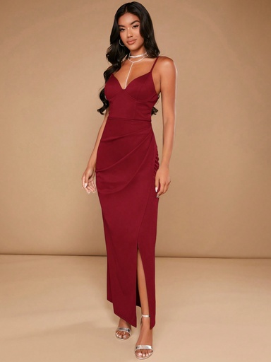 SHEIN Belle Vestido de cóctel con cami con envolvente de color rojo burdeos sólido