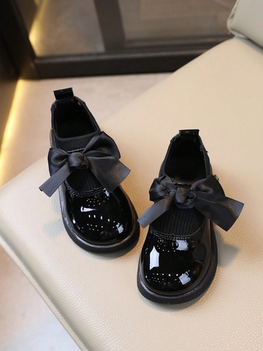 [sa2312132163477123] Zapatos Casuales Brillante Para Niñas Pequeñas Con Gran Lazo, Apertura Elástica Tejida Y Suela Plana