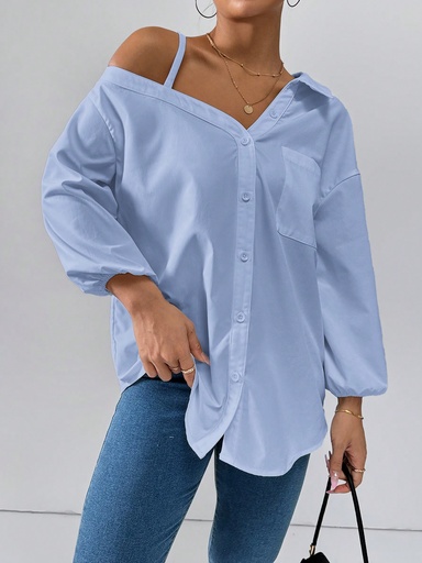 [sz2402187882288034] SHEIN Essnce Camisa asimétrica de hombro de estilo casual de moda callejera nueva de primavera y verano para mujer