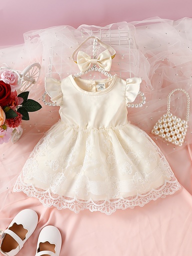 [sa2212247245768246] Souflis Vestido De Encaje Con Volantes Y Ribetes En Contraste Para Bebé Niña Recién Nacida