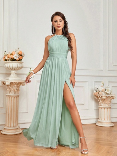 [sz2311227111516808] Vestido Elegante Y Romántico Con Brillo Elástico, Drapeado En La Cintura Y Corte Alto Con Abertura Trasera Y Tirantes Atados