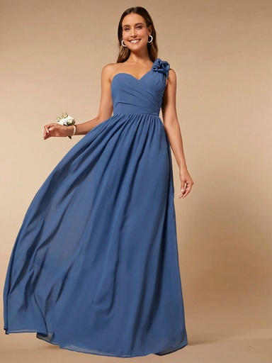 [sz2304288160638777] SHEIN Belle Vestido de dama de honor de gasa con un hombro y fruncido, elegante