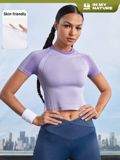 [st2403286834847746] In My Nature Camiseta deportiva de manga corta sin costuras de punto único para mujer