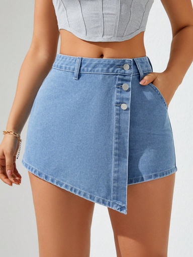 [sz2312258497309406] Pantalón corto de mezclilla con envoltura de botón de unicolor para mujer