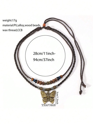 [sj2406158808501608] 1 collar tejido con colgante de mariposa, corazón, flor y moneda con cuentas de madera turquesa de estilo bohemio y a la moda, adecuado para uso diario de mujeres