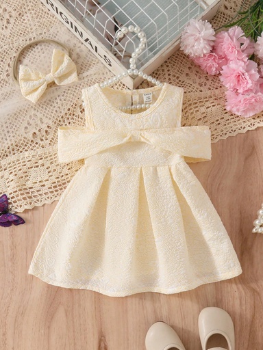 [sa2403154564617294] Vestido de niña bebé sencillo de tela jacquard con hombros descubiertos y mangas abullonadas para el verano